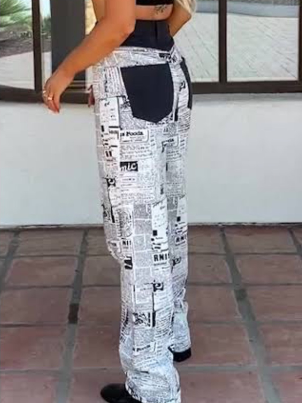 Glassons X Delaney Childs Black & White Newspaper-Print Pants